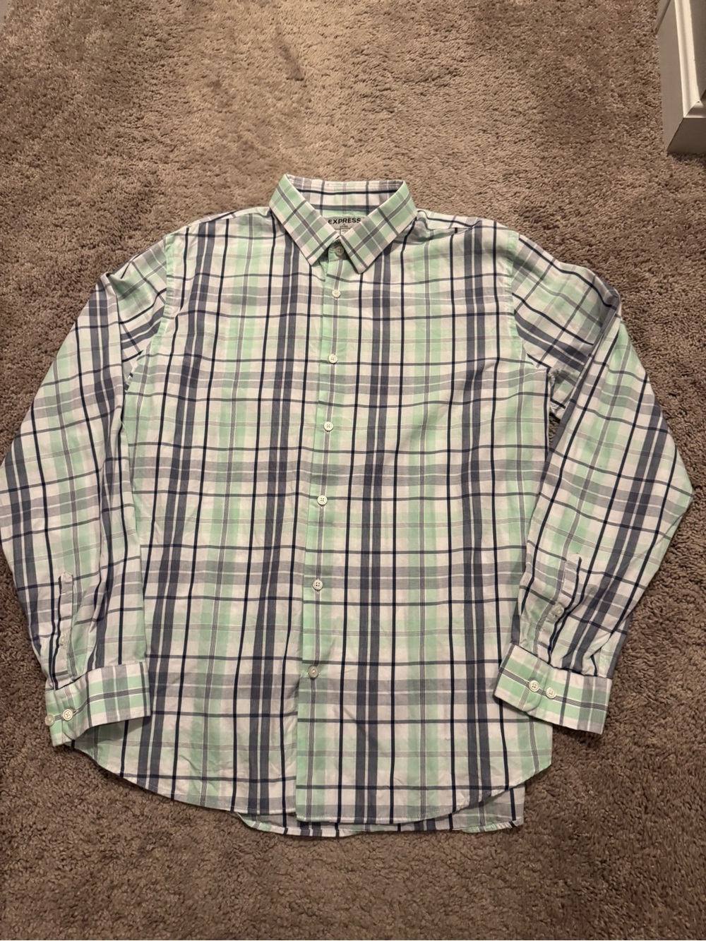 Express Men's Plaid Button-Down Shirt - Light Green & Gray